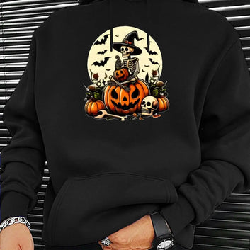 Halloween skeleton sitting on pumpkin hoodie