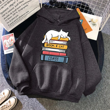 White Cat Sleeping On A Pile Of Books Hoodie