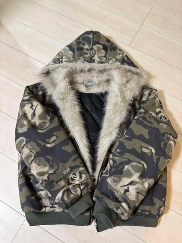 Camouflage fur zip up hoodie