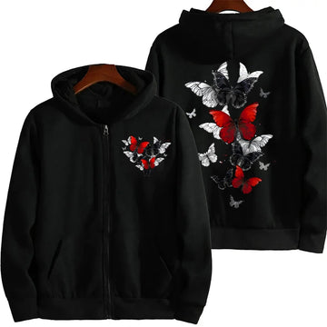 Zipper Hoodie Black and Red Butterflies