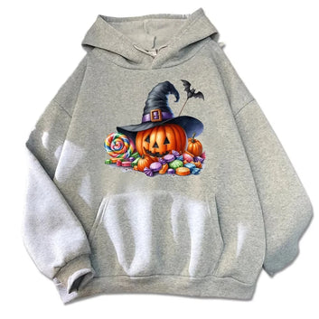 Spooky Halloween Hoodie Witch Hat Pumpkin and candy