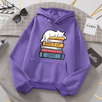 White Cat Sleeping On A Pile Of Books Hoodie