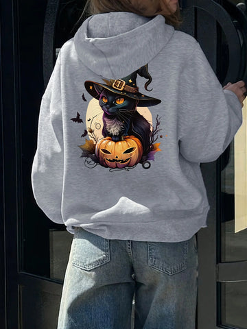 Halloween Cat Graphic Print Hoodie