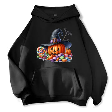 Spooky Halloween Hoodie Witch Hat Pumpkin and candy