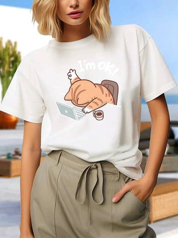 Women's Casual Short Sleeved T-shirt Loose Round Neck Comfortable for Daily Wear Humorous Printed Top Women Clothing T Shirt
