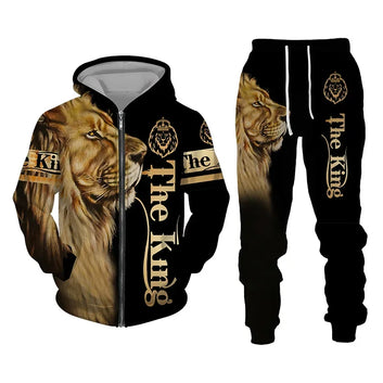 3D The Lion Print Zipper Hoodie and Pants Sets