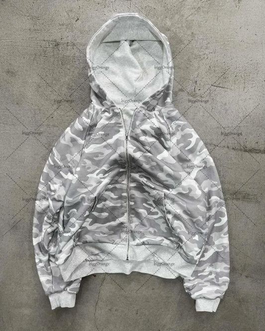 Trendy Harajuku Camouflage Retro High Street Y2K Loose Zipper Sweatshirt Men New Hip Hop Casual American Oversized Hoodie Women