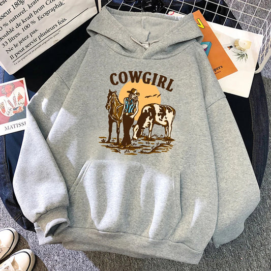 The Cowgirl And Her Cow And Horse Live In The West Hoodie