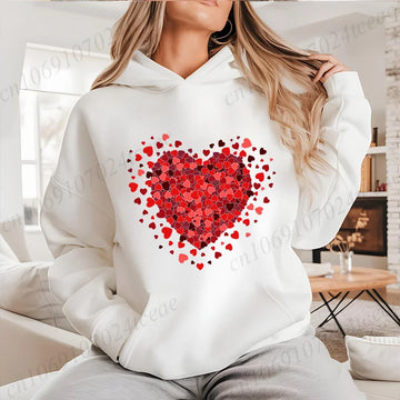 Women's Hooded Sweatshirt Valentine Leopard Love Heart Printed Hoodies Harajuku Style Streetwear Oversized Sportwear Clothing