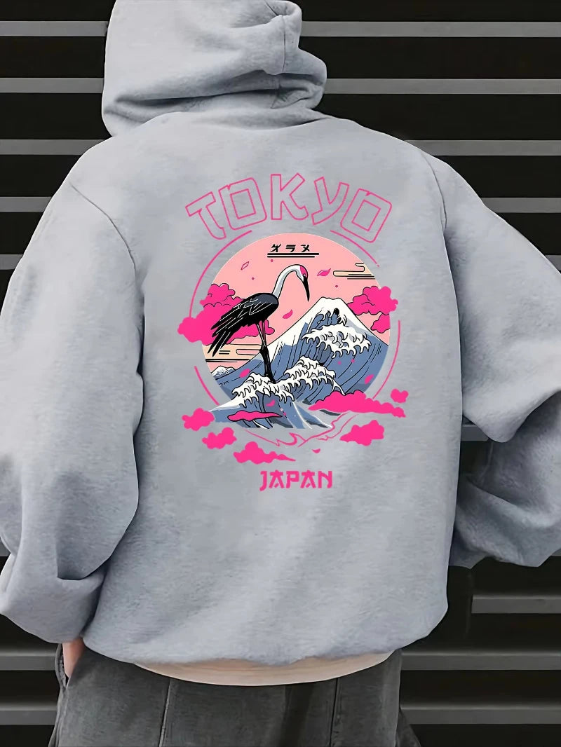Graphic Hoodie - With mountain and crane pattern