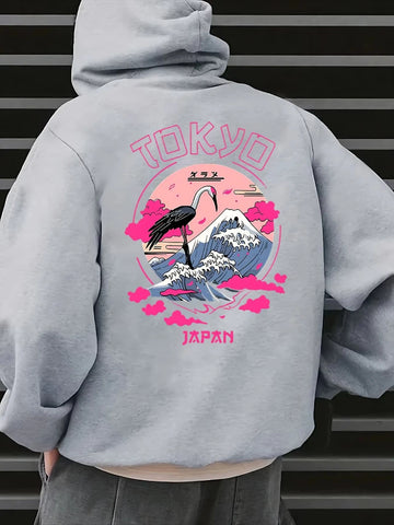 Graphic Hoodie - With mountain and crane pattern