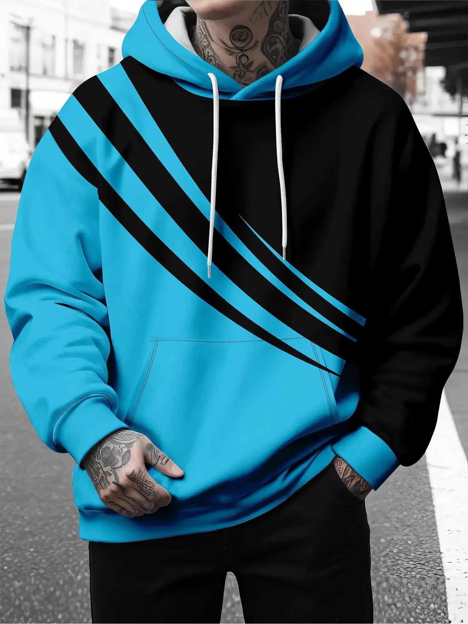 Color Block Pattern Hoodie Black Blue
