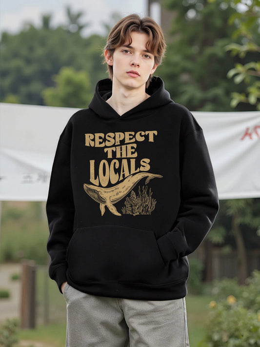 Respect The Locals Shark Printed Mens New Retro Hoodies Comfortable Loose Sweatshirts Pocket Soft Clothes Fleece Casual Hoodie