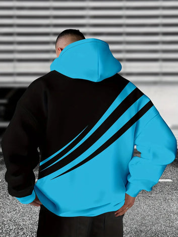 Color Block Pattern Hoodie Black Blue