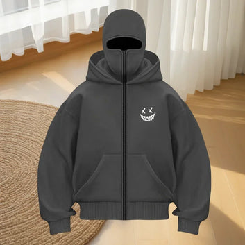 Masked Zip Up Hoodie with Smiley Face