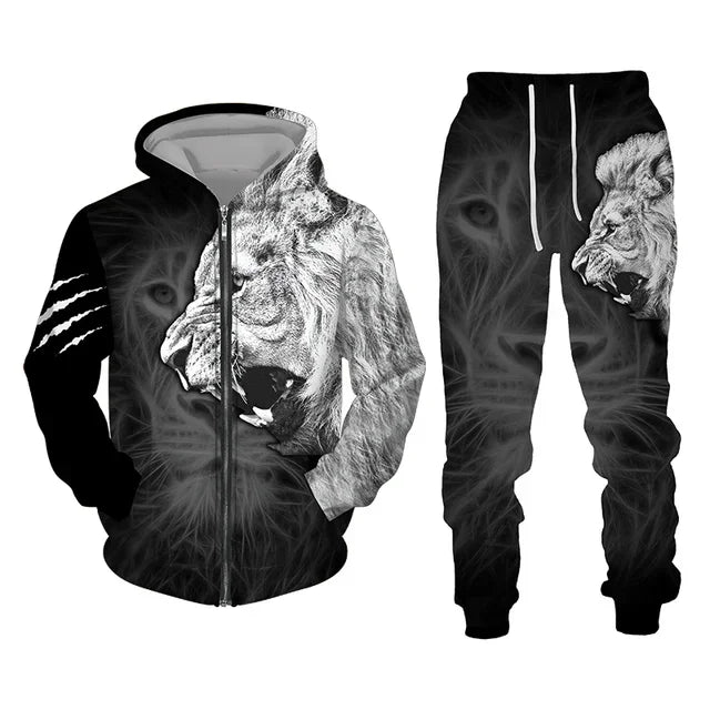 3D The Lion Print Zipper Hoodie and Pants Sets