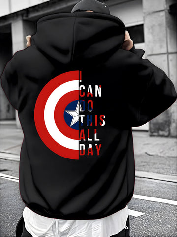 The Man's White Hoodie with Captain America's Red and Blue Shield Print and The Superhero-patterned Pullover Are for Marvel Fans