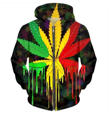 3D Weed Leaf Print Zip Up Hoodie