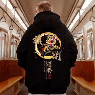【M-8XL Hoodies】Men Oversized Pullover Hoodie Fashion Loose Chinese style lion dance Print Long Sleeve Couple Clothes