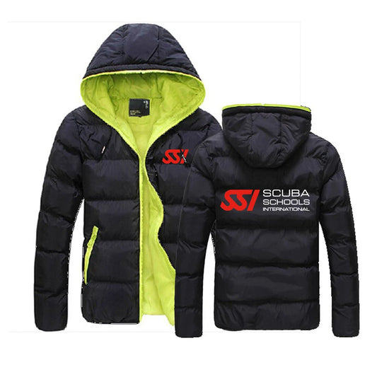 Men Winter Casual Jackets Scuba Diving Dive SSI Printed Color Collision Zipper Warm Hoodie Cotton-padded Windbreaker Parkas Coat
