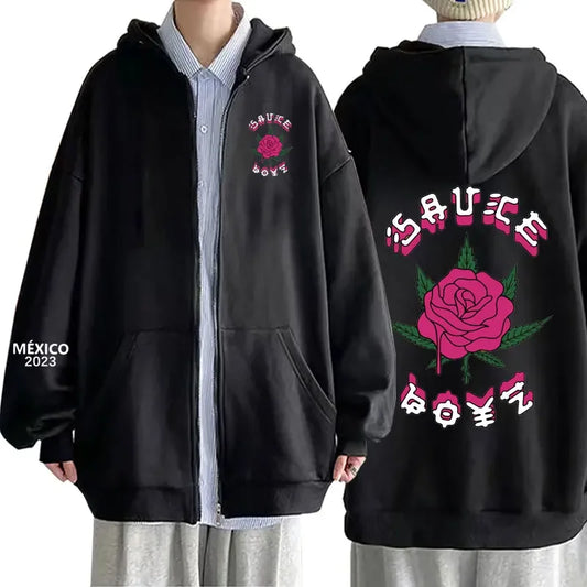 Rapper Eladio Carrion Zip Up Hoodie Album Sauce Boyz Rose Flowe Graphic Sweatshirts Men Women Hip Hop Vintage Oversized Hoodies