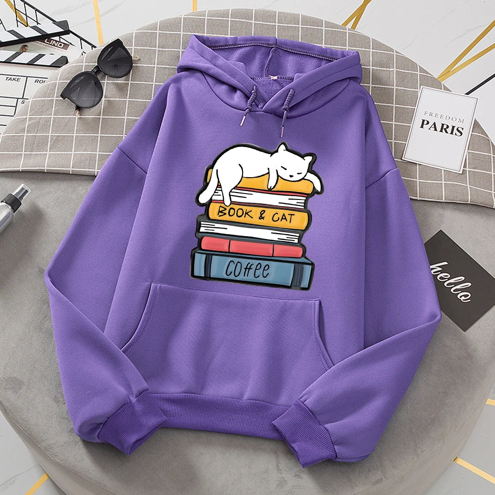 White Cat Sleeping On A Pile Of Books Hoodie