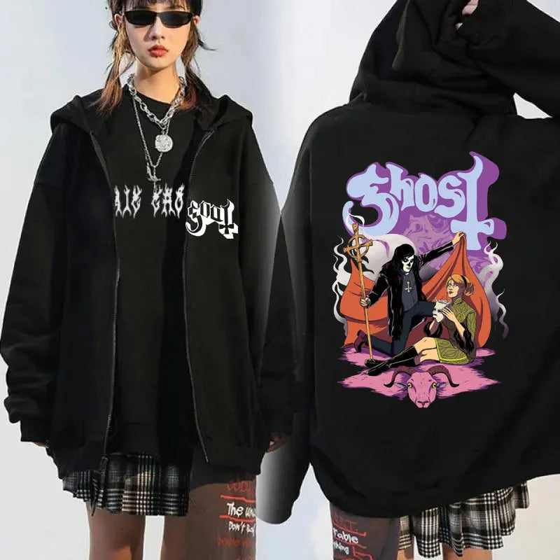 Ghost Band Zip Up Hoodies Vintage Gothic Rock Metal Music