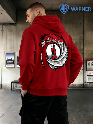 Men's Black Hoodie with Red Deadpool Print Superhero Pattern Pullover Marvel 100% Cotton Casual Street Style with Front Pocket