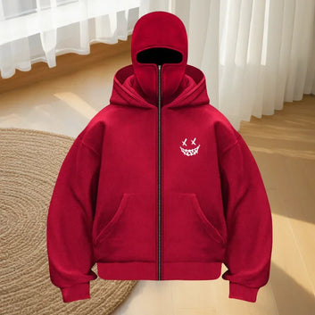 Masked Zip Up Hoodie with Smiley Face
