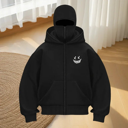 Masked Zip Up Hoodie with Smiley Face