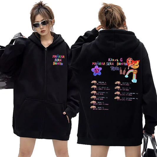 Singer Karol G Heart Mañana Sera Bonito Tour Zipper Hoodie Men Women Hip Hop Oversized Sweatshirt Cartoon Music Zip Up Jacket