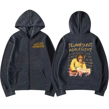 Arctic Monkeys Flourescent Adolescent Graphic Zipper Hoodies for Men Women Fashion Zip Up Sweatshirt Vintage Style Hoodie Jacket