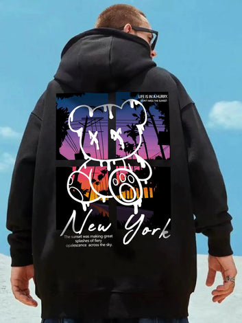 New York Cartoon Bear Sunset Scenery Hoodie