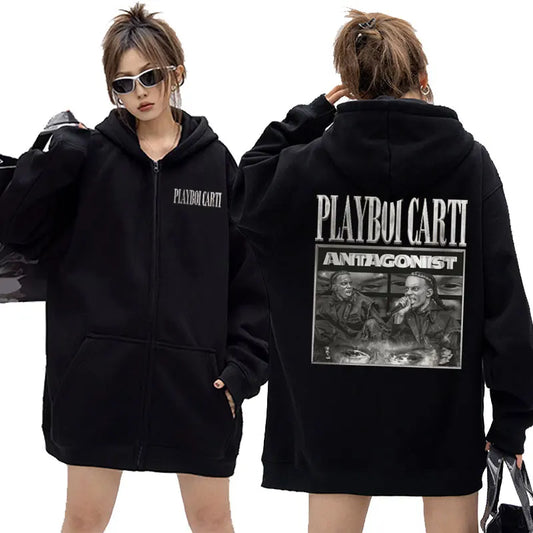 Rapper Playboi Carti Antagonist 2023 Tour Concert Zipper Hoodies Men Hip Hop Sweatshirt Coat Unisex Fashion Trend Zip Up Jacket