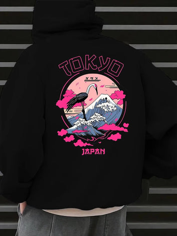 Graphic Hoodie - With mountain and crane pattern