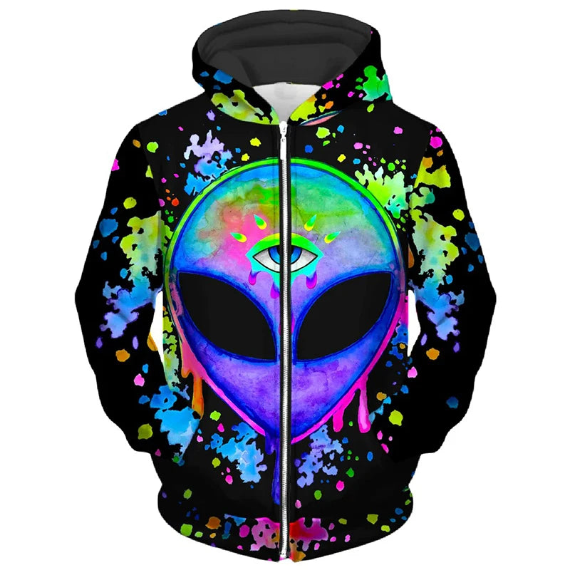 Unique Neon Alien Graffiti Printed Zip Up Hoodie