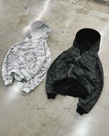 Trendy Harajuku Camouflage Retro High Street Y2K Loose Zipper Sweatshirt Men New Hip Hop Casual American Oversized Hoodie Women