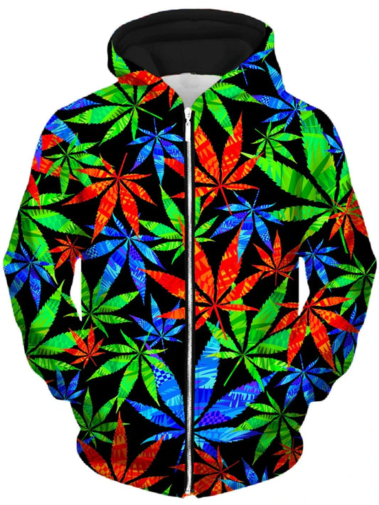 3D Weed Leaf Print Zip Up Hoodie