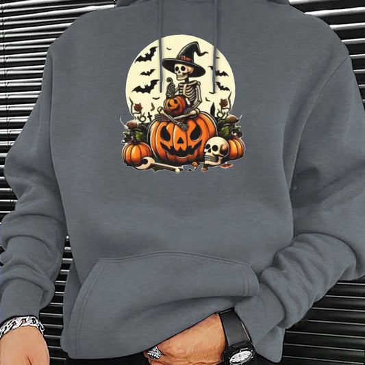 Halloween skeleton sitting on pumpkin hoodie