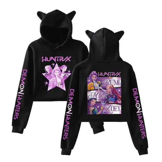 K-Pop Demon Hunters Mira Rumi Zoey Cat Cropped Hoodies Women Long Sleeve Hooded Pullover Crop Tops Casual Streetwear Clothes