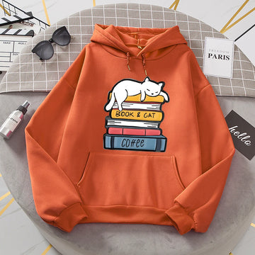 White Cat Sleeping On A Pile Of Books Hoodie