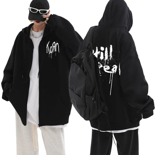 Rock Band Korn Music Concert WORLD TOUR Graphic Zipper Hoodie Men Women Oversized Sweatshirt Male Vintage Gothic Zip Up Jacket