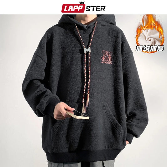 LAPPSTER Fleece Oversized Hooded Hoodies Fall Warm Korean Fashions Sweatshirts Tracksuit Men Black Harajuku Big Pocket Hoodie