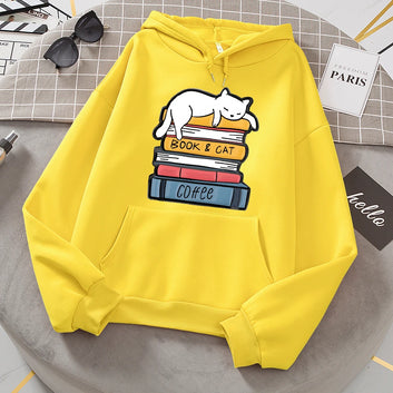 White Cat Sleeping On A Pile Of Books Hoodie